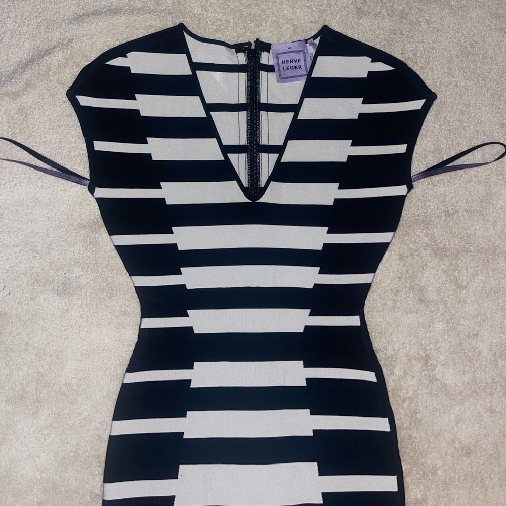 Herve Leger Monochrome black & white Striped V-Neck mini bandage Dress